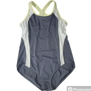 * Lands End 14L womens one-piece swimsuit athletic fit gray yellow